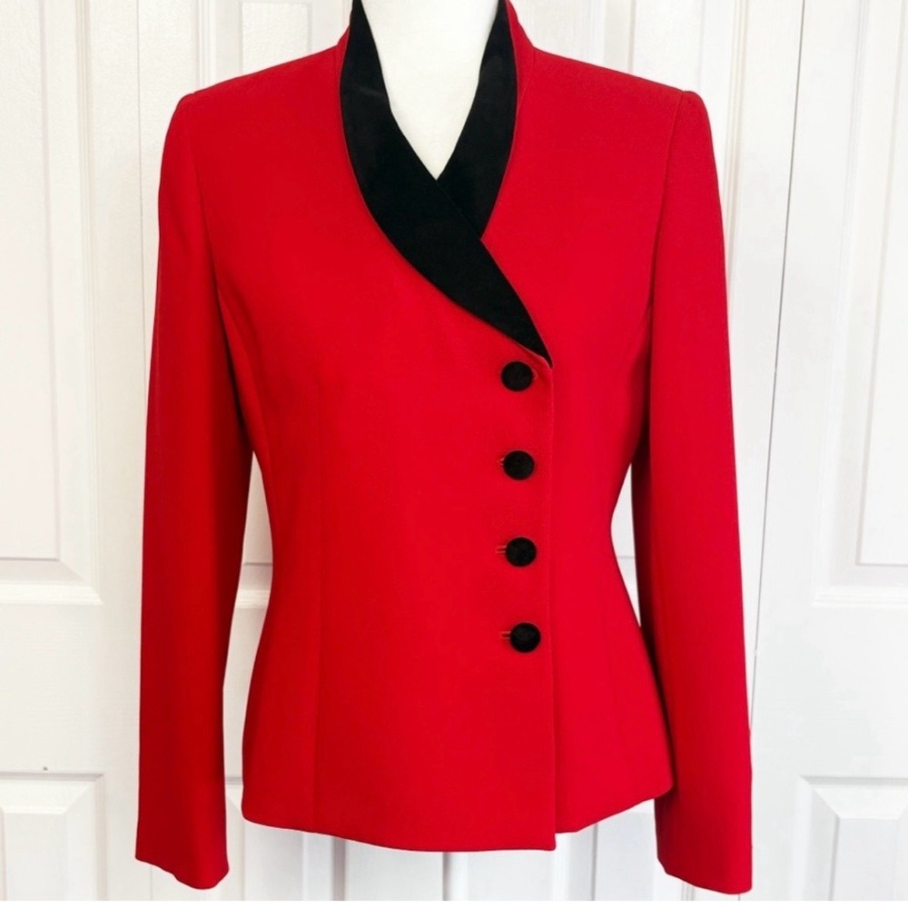 Kasper Red & Black Velvet Collar Button Down Blazer Suit Jacket